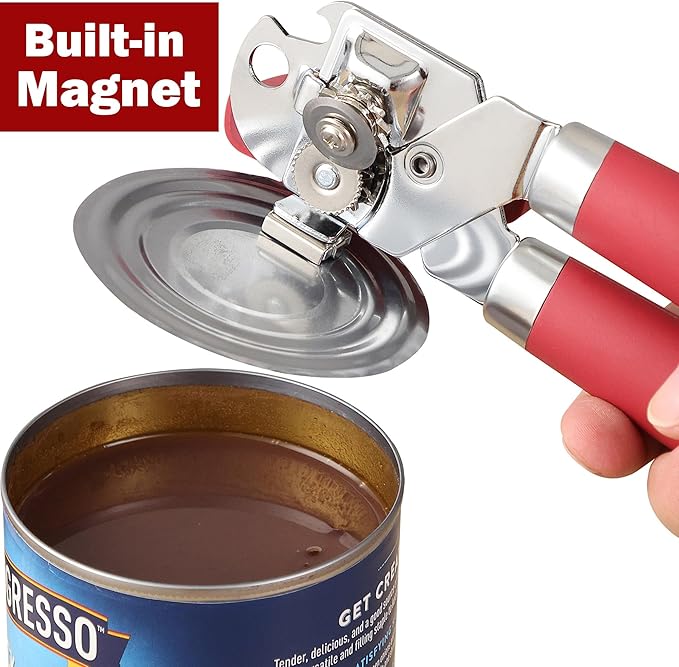 Manual Can Opener Smooth Edge with Magnet, Vayvnt Stainless Steel Handheld Strong Can Bottle Opener, Extra Shape Cutting Blade&Large Turn Knob, Multifunctional 4 In 1 Kitchen Tool for Seniors, Red