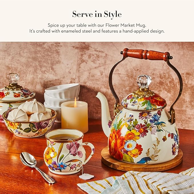 MACKENZIE-CHILDS Enamel Mug, Cute Enamelware Coffee and Tea Mug, Unique Drinkware, 16 Ounces, White Flower Market, Set of 4