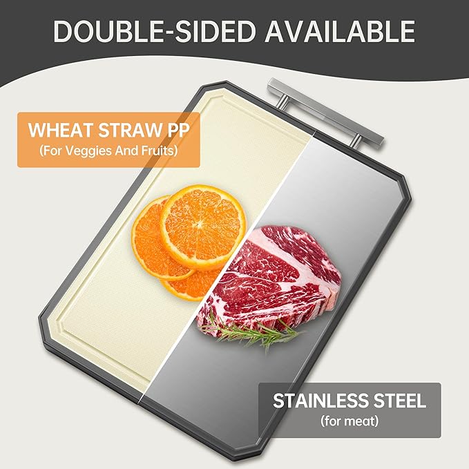 Stainless Steel Cutting Board, Double Sided Stainless Steel/Wheat straw pp Cutting Boards for kitchen, Large Chopping Board with Handle for Meat and Kitchen, 16.7”×10.4”