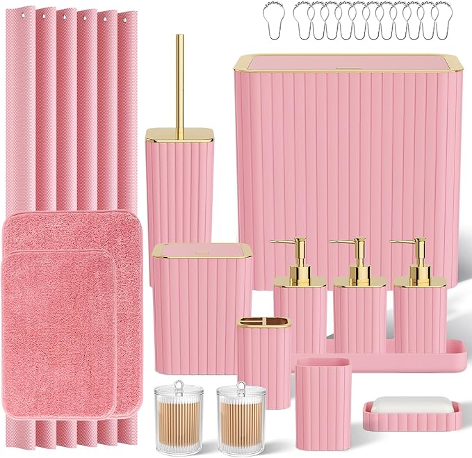 Bathroom Accessory Set - Bathroom Set, 27PC Bathroom Accessories Set, Pink Bathroom Sets with Shower Curtain and Rugs, Mini Trash Can, Toilet Brush, Trash Can & Soap Dispenser
