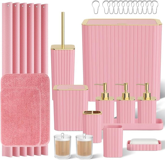 Bathroom Accessory Set - Bathroom Set, 27PC Bathroom Accessories Set, Pink Bathroom Sets with Shower Curtain and Rugs, Mini Trash Can, Toilet Brush, Trash Can & Soap Dispenser