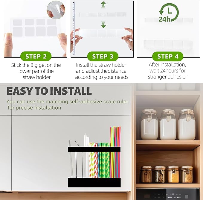 CIEO Straw Organizer for Cabinet Door Storage, 9.5" Large Acrylic Holder for Reusable Tumbler Straws Chopsticks Spoons, Adhesive Under Cabinet Mount Kitchen Container（Black）