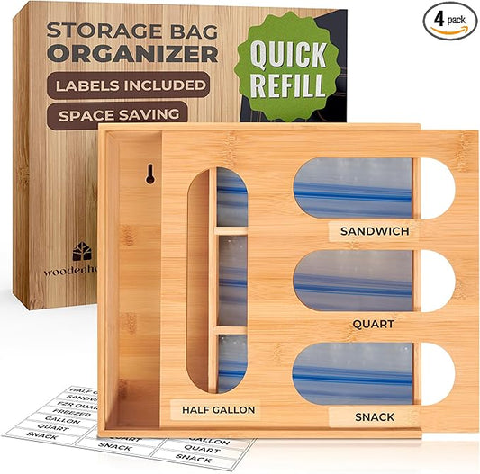 Bamboo Storage Bag Organizer, Sandwich Bag Organizer - Single Block Design for Kitchen Organization, Baggie Organizer for Drawer - Quick Refill Slider, Fits Half Gallon, Quart, Snack Size Bags