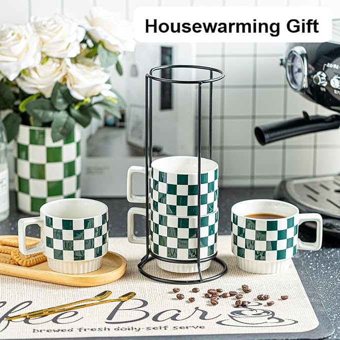 Stackable Coffee Mugs with Stand, Checkered Coffee Mug Set of 4, 11oz Espresso Cups for Beverages, Stacked Mug Set with Spoons for Christmas Housewarming Birthday Gift, Dishwasher Safe