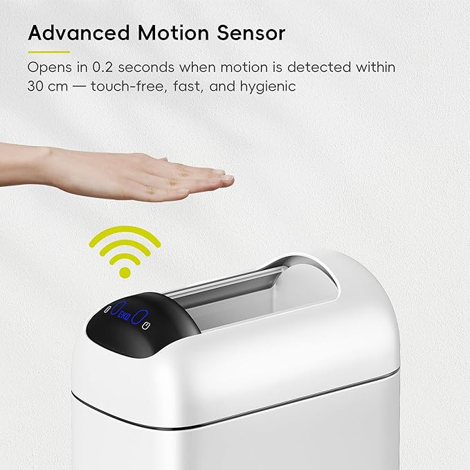 EKO Astro Slim Sensor Trash Can, 10L / 2.6 Gallon Touchless Garbage Bin with Soft-Close Butterfly Lid, Motion Sensor Stainless Steel Garbage Can for Bathroom, Kitchen, Office, Matte White, Waterproof