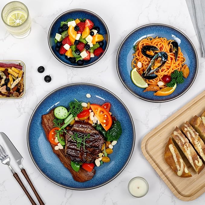 Plates and Bowls Sets for 8 - CJDC-QUELO 32-Piece Stoneware Dinnerware Sets, Ceramic Dishware Set for Indoor Kitchen Use and Formal Dining, Chip and Scratch Resistant Microwave Dishwasher Safe, Blue