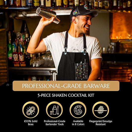 5 Piece Cocktail Kit by Bull In China - Premium Bartender Gift Set Includes Weighted 2 Piece Boston Shaker, Hammered Bell Jigger, Hawthorne Strainer & Fine Mesh Strainer (Gold)