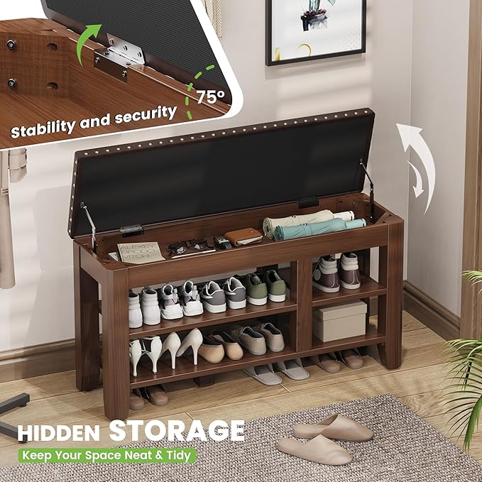 Shoe Bench for Entryway, Solid Rubberwood Shoe Bench with Hidden Storage, Adjustable 2-Tier Shelves & Soft PU Leather Seat, Shoe Rack Durable Easy Assembly for Hallway or Bedroom - Brown, 39.4"