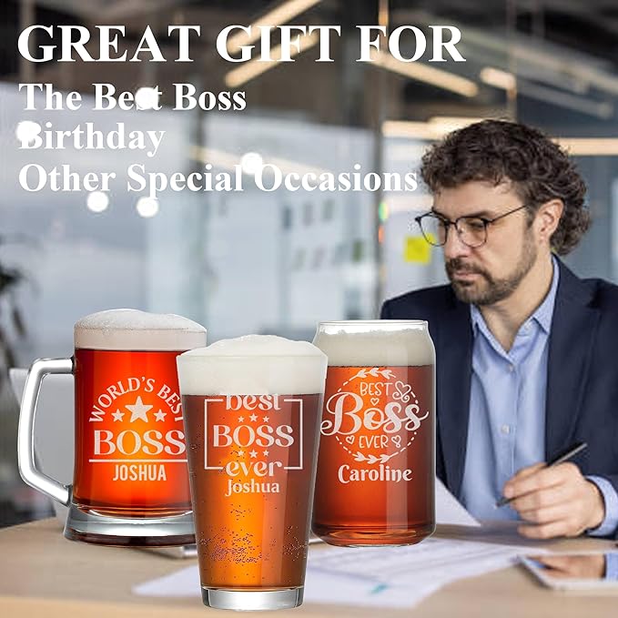 Personalized Boss Gifts for Men, Custom Beer Glass with Engraved Name, Birthday Farewell Retirement Christmas Boss Day Gift for Coworkers Staff Leader Office Decor