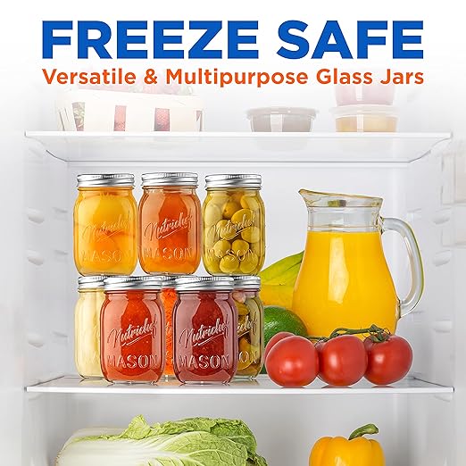 NutriChef 8-Pack 16 oz Mason Jars with Lids - Thick Glass Canning Jars with Stainless Steel Lids - Ideal for DIY Spices, Meal Prep, Overnight Oats, Jelly, Jam, Honey, Candles, Crafts, & More
