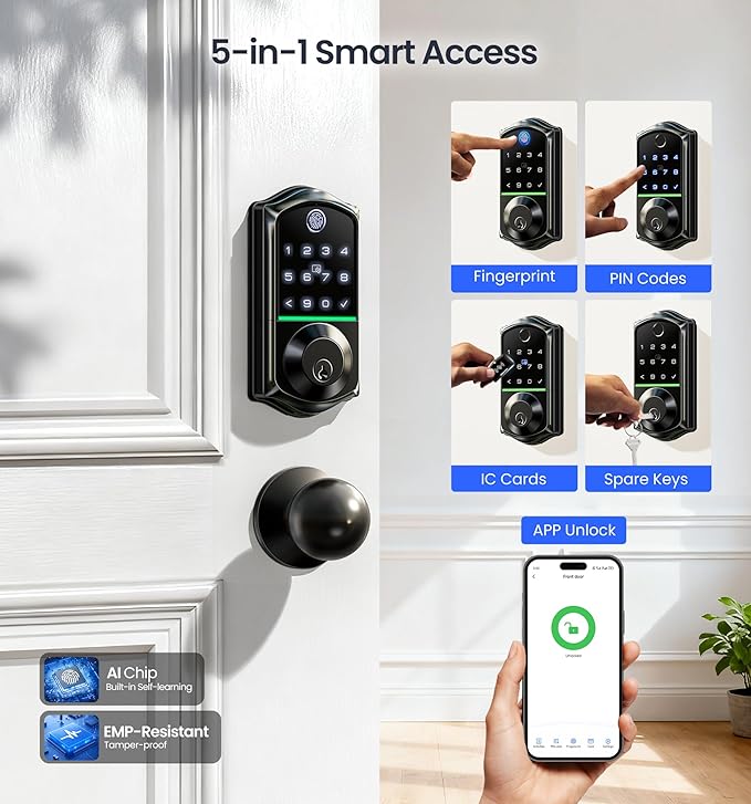 Veise VE017-K Fingerprint Smart Lock with 2 Knobs, App Control, Keyless Entry Front Door Lock with Handle Set, Electronic Digital Touchscreen Keypad Deadbolt, IP55 Waterproof, Auto-Lock, Matte Black