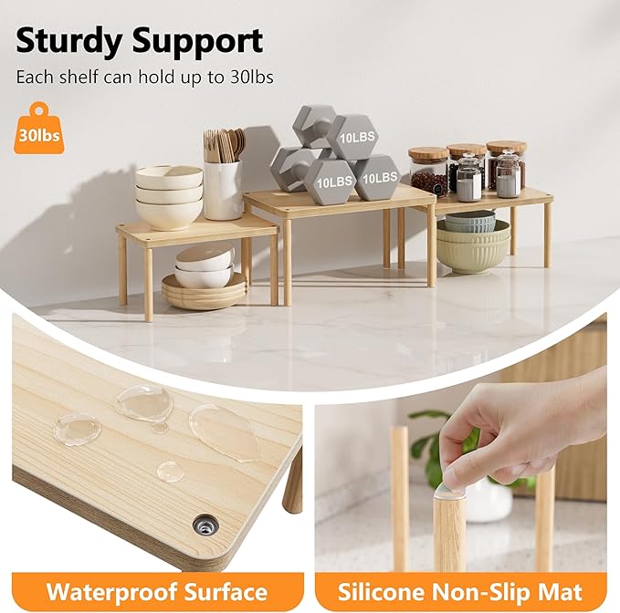 Cabinet Storage Organizer Shelf, Set of 3 Kitchen Cabinet Shelves, Stackable Cabinet Risers, Wood Spice Rack for Countertop, Under Sink, Bathroom, Pantry Organization with Non-Slip Mat