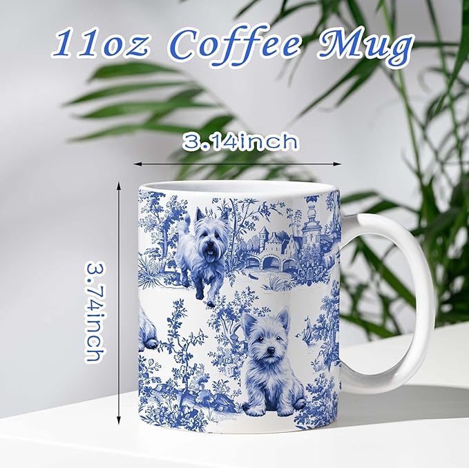 West Highland White Terrier Blue French Toile Mug, Westies Lover Gifts for Women, Blue Chinoiserie Toile Coffee Cup for Westie Mom, Dog Lovers Tea Coffee Mug Birthday Gifts for Dog Owners, 11oz