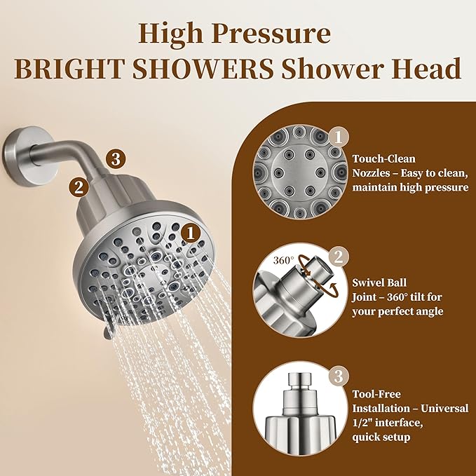 BRIGHT SHOWERS Filtered Shower Head, High Pressure Shower Filter for Hard Water to Remove Chlorine and Impurities, 8 Spray Modes Water Softener Showerhead for Hair and Skin Care, Brushed Nickel