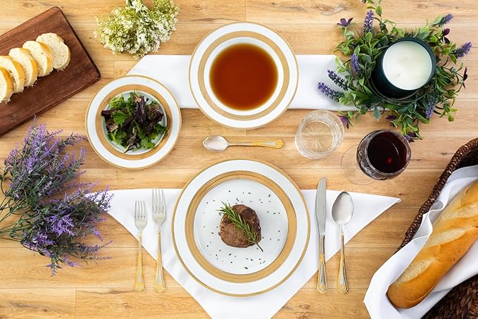 Porcelain Dinnerware Set for 4-12 Piece Luxurious Dish Set - White with Gold Rope Design - Kitchen Set for Everyday Dishes or Formal Occasions (Rope Gold)
