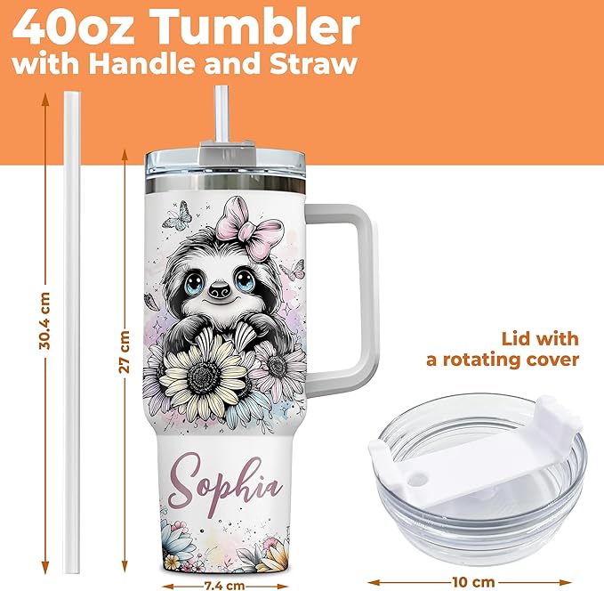 Personalized Sloth 40oz Tumbler with Handle and Straw Gifts for Animal Lovers, Sloth Lovers Gifts for Girl Women, Unique Birthday Christmas Gift Idea, Custom Name Stainless Steel Travel Cup
