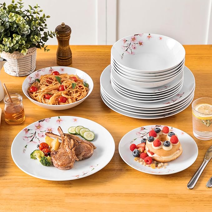 VEWEET 18 Pieces Dinnerware Sets for 6, Porcelain Plates and Bowls Set with Pink Floral, Classic Dishes Set Dining Ware for Dinner, Microwave and Dishwasher Safe, Series ANNIE