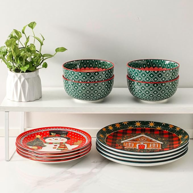 Stoneware Pasta and Bowls Set, Christmas Dinnerware sets,12 Piece for Dish set for Holiday Gatherings,Microwave and Dishwasher Safe