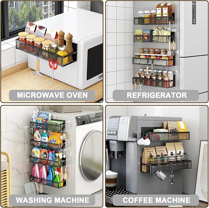 Magnetic Spice Rack for Refrigerator, 5 Pack Magnetic Shelf, Moveable Magnetic Fridge Organizer with an 8-Hook Rack, Seasoning Organizer for Kitchen Organization (Extra with 8 Hooks)