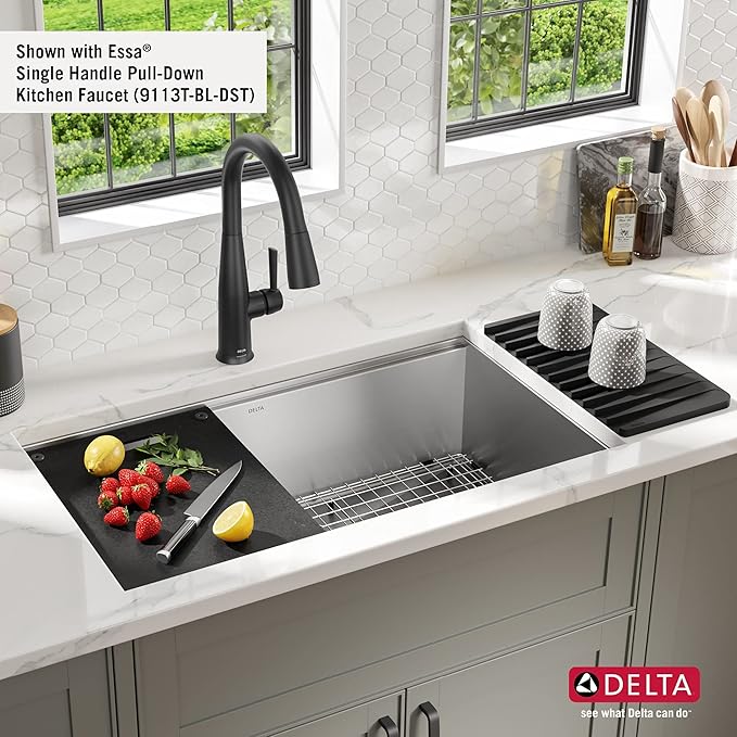 DELTA FAUCET DELTA Rivet 32-Inch Workstation Kitchen Sink Undermount 16 Gauge Stainless Steel Single Bowl with WorkFlow Ledge and Chef’s Kit of 6 Accessories, 95B931-32S-SS