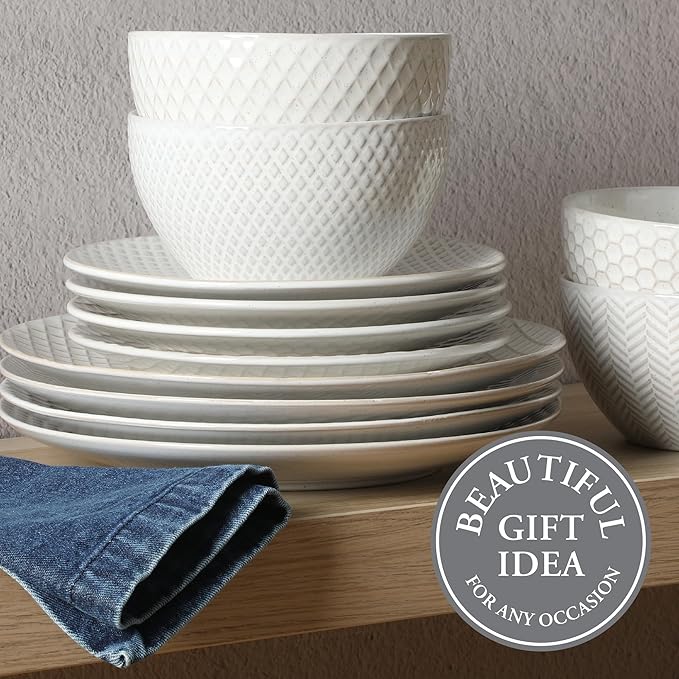 Gibson Elite Oyster Tide Embossed 12 Piece (Service for 4) Plates and Bowls Reactive Glaze Round Dishes Stoneware Ceramic Dinnerware Set, White