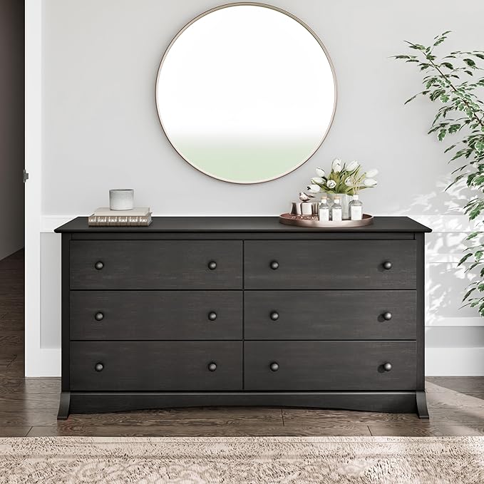 Prepac Sonoma 6-Drawer Double Dresser for Bedroom, Wide Chest of Drawers, Traditional Bedroom Furniture, 59" wide x 17.5" deep x 29" tall, Washed Black