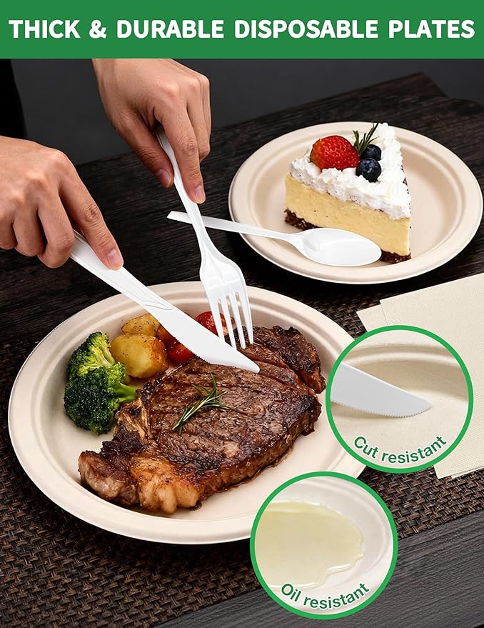 300Pcs Compostable Disposable Paper Plates Set - 9/7 Inch Heavy Duty Party Plates, Napkins and Cutlery, Biodegradable Eco-Friendly Dinnware Sets Supplies for Birthday, Christmas, Serve 50 Guests