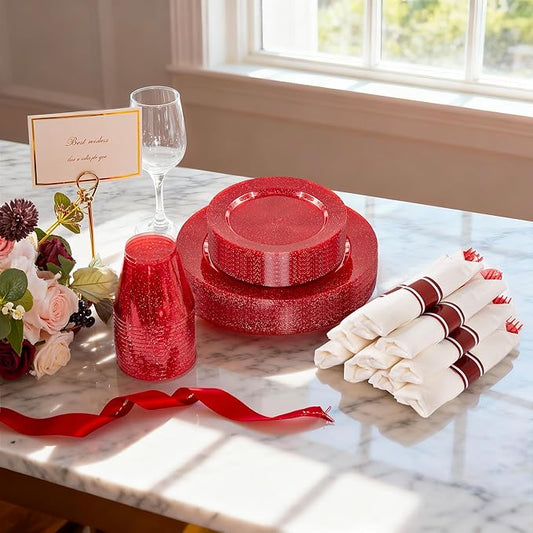 DaYammi 210PCS Red Glitter Plastic Dinnerware Set for 30 Guests, Fancy Disposable Plates for Christmas, Include: 30 Dinner Plates, 30 Dessert Plates, 30 Pre Rolled Napkins with Red Silverware, 30 Cups