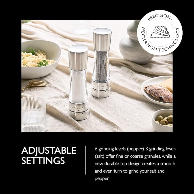 Cole & Mason Derwent Salt and Pepper Grinder Set - Refillable Salt & Pepper Grinder Set with Gourmet Precision Mechanisms - Kitchen Accessories for Cooking - Gift Set, Stainless Steel