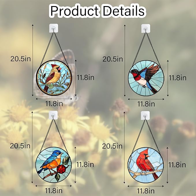 Stained Glass Window Hanging 4 Pcs Set Cardinal Blue Birds Large 11.8" - Suncatcher Door Garden Sun Catcher Decor Birthday Mother's Day for Bird Lovers Men Woman Nana Friend