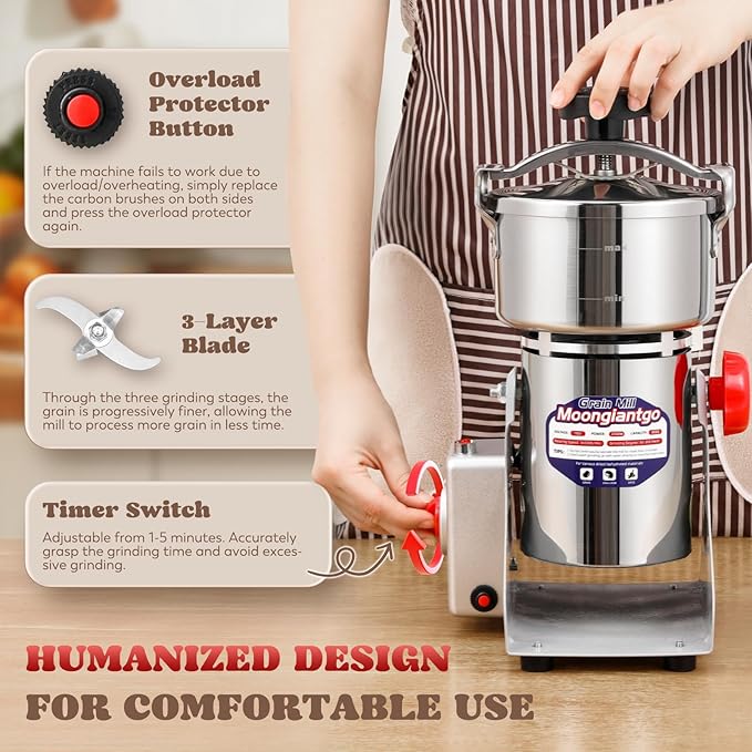 Moongiantgo Upgraded Spiral Seal Grain Mill Grinder Electric 800g 2500W High Speed Spice Grinder Pulverizer Dry Grinding Machine for Dry Cereal Bean Corn Wheat Herbs, with 4 Set Blades (800g, 110V)