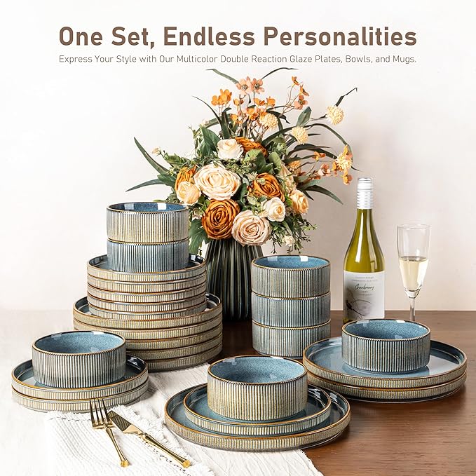 GBHOME Stoneware Dinnerware Sets for 4,Round Reactive Glaze Ceramic Plates and Bowls Set,Highly Scratch Resistant| Dishwasher & Microwave Safe Dishes Set,Service for 4(12pcs)