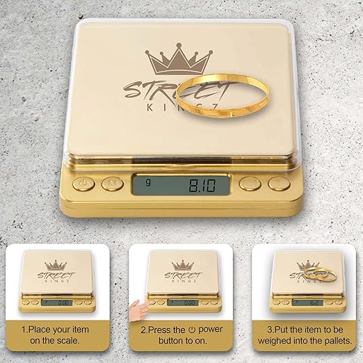 Street Kingz Gold Digital Jewelry Scale - 500g High Precision Food Scale with Multi-Unit Conversion & Piece Counting - Portable Small Digital Scale, Includes 2 Weighing Bowls
