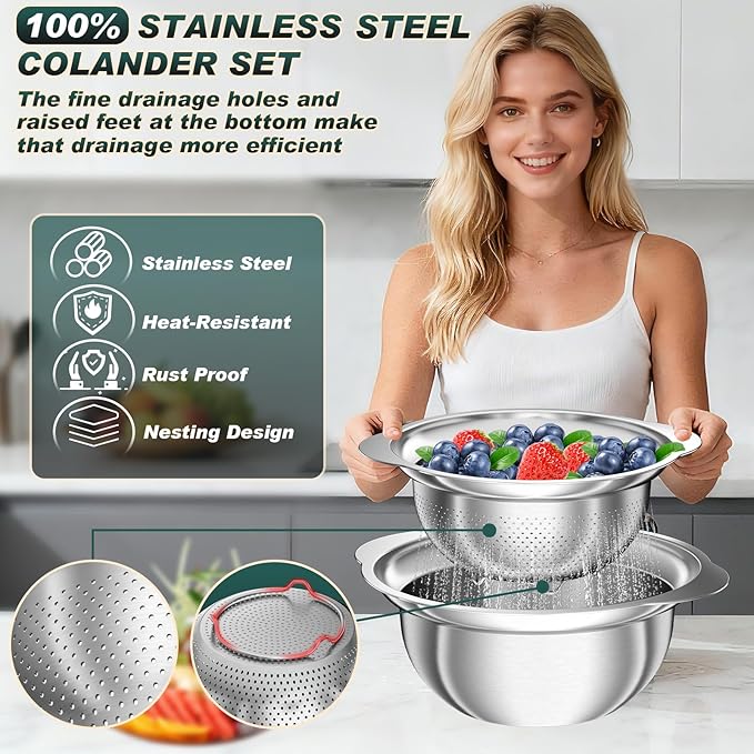 Colander for Kitchen - Stainless Steel Strainer - 3Pcs Strainers and Colanders with Handle, Kitchen Gadget, Food Strainer Basket for Pasta Noodles Spaghetti Vegetables Fruit, 2QT + 3QT + 3.5QT Bowl
