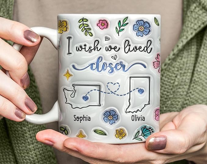 I Wish We Lived Closer Tumbler, Personalized 3D Inflated Effect Mugs Long Distance Friendship Gift, Custom State To State Mug, Going Away Gifts For Sister Best Friend Women
