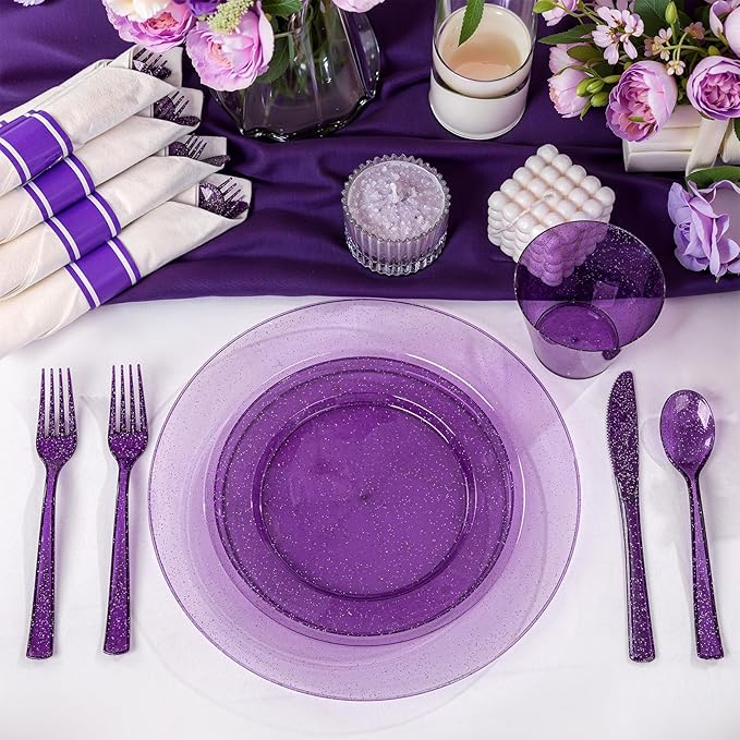 DaYammi 210 Purple Glitter Plastic Dinnerware Set for 30 Guests, Fancy Disposable Plates for Party, Include: 30 Dinner Plates, 30 Dessert Plates, 30 Pre Rolled Napkins with Purple Silverware, 30 Cups