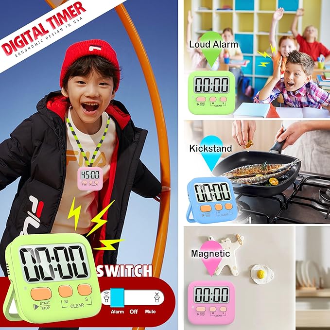 Antonki 2 Pack Digital Timer for Kids, Magnetic Countdown Kitchen Timers for Cooking, Egg, Classroom, Teacher, Exercise, Study, Oven - Battery Included