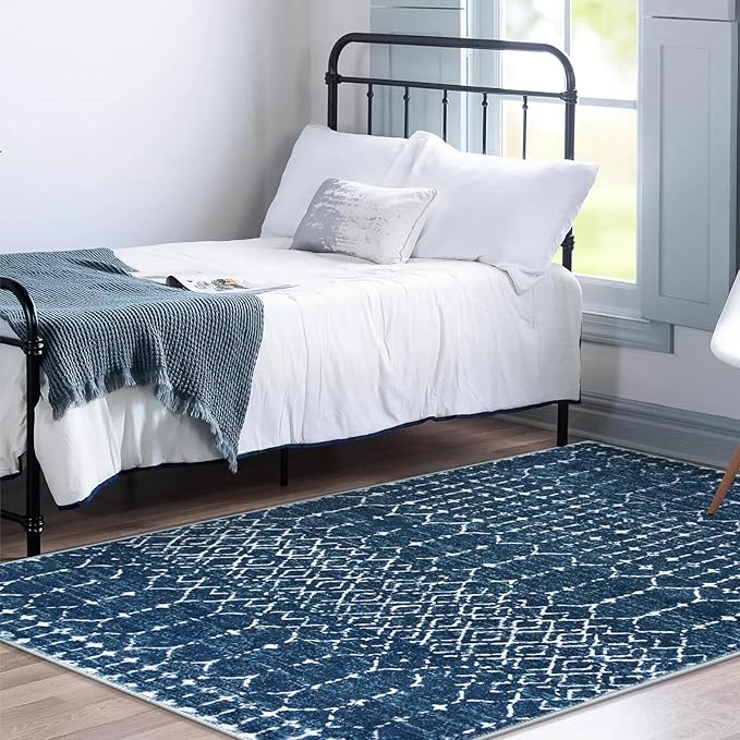 Lahome Moroccan Blue Area Rug 5x7 - Machine Washable Non-Slip Throw Living Room Rugs Ultra-Thin Stain Resistant Soft Rug for Bedroom, Geometric Print Modren Carpet Rug for Dining Room Office Entryway