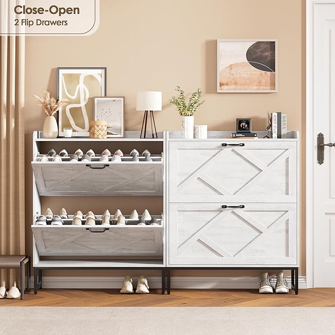 Nicetree Shoe Storage Cabinet with 2 Flip Drawers, Freestanding Shoe Organizer, Shoe Cabinet with Metal Legs, Narrow Shoe Rack Cabinet, Farmhouse Slim Shoe Cabinet for Entryway, Foyer, Hallway, White