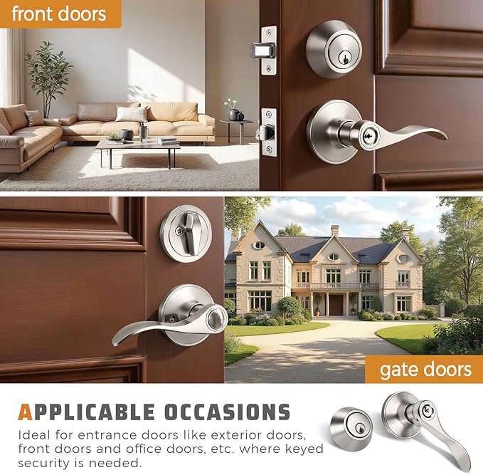KNOBWELL 2 Pack Satin Nickel Keyed Alike Front Entry Door Lock Set, Single Cylinder Deadbolt and Lever Handle Combination for Exterior/Interior Doors