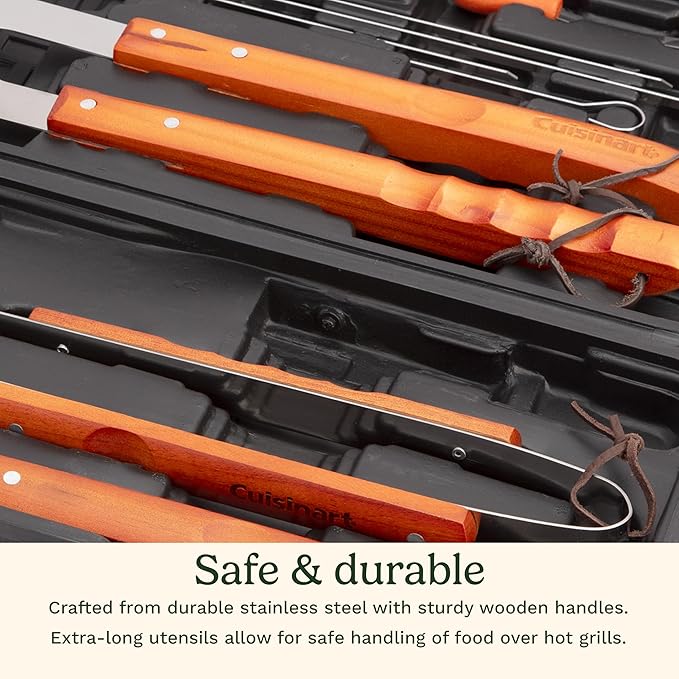 Cuisinart 13-Piece Wooden Grill Tool Set, BBQ Accessories and Grill Tools, Durable Stainless-Steel Utensils with Recycled Plastic Case, Spatula, Tongs, Cleaning Brush & More, Grilling Gifts for Men