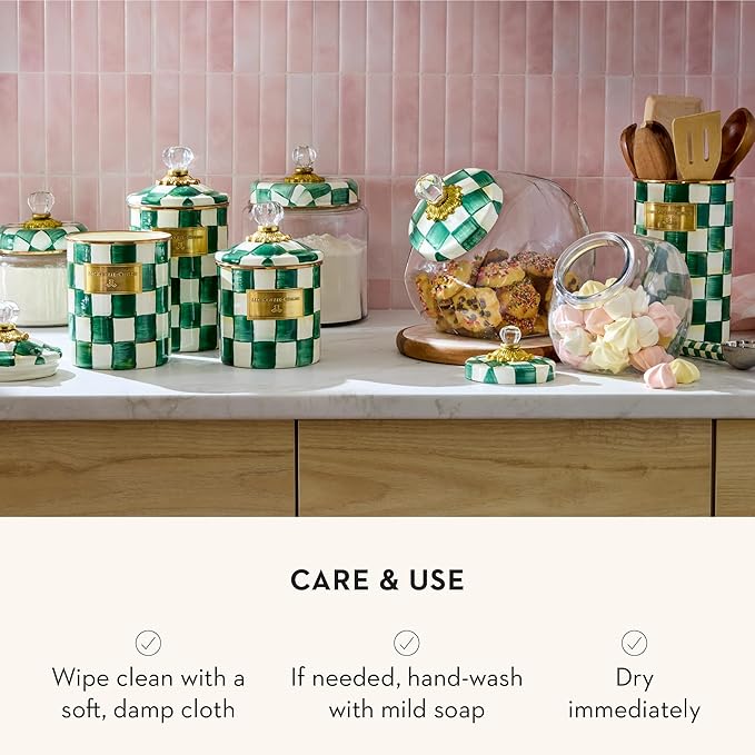 MACKENZIE-CHILDS Medium Enamel Canister, Kitchen Storage Container with Lid, Green-and-White Emerald Check