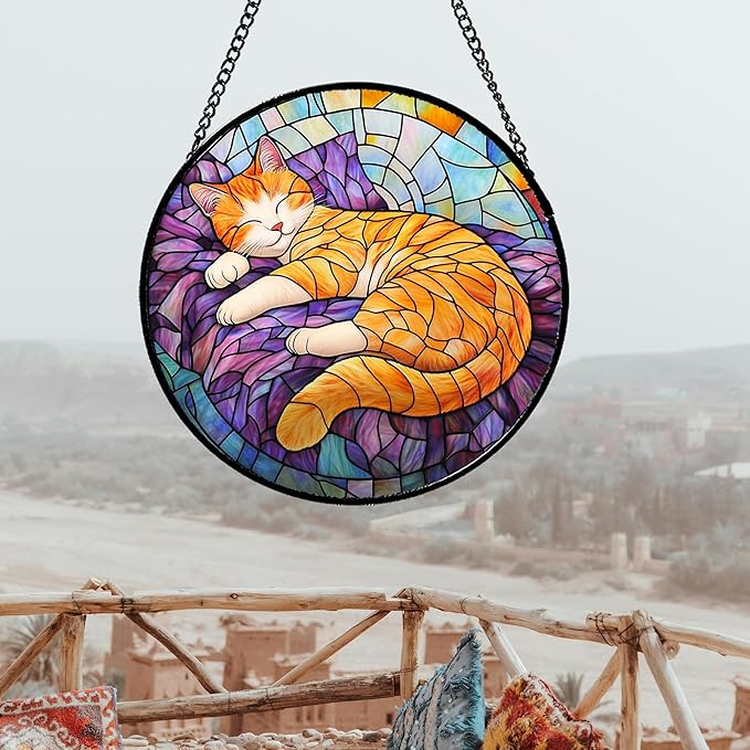 Stained Glass Window Hanging Sleeping Orange Cat Large 15" - Memorial Gift Suncatcher Door Sun Catcher Decor Birthday Christmas for Lost Pets Mom Men Woman Friend