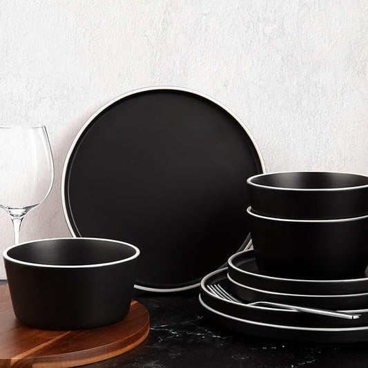 Zulay Kitchen Terra Stoneware 32-Piece Dinnerware Set, Artisanal Ceramic Plates and Bowls Set Crafted at 2300℉ - Service for 8, Black Matte with White Rim
