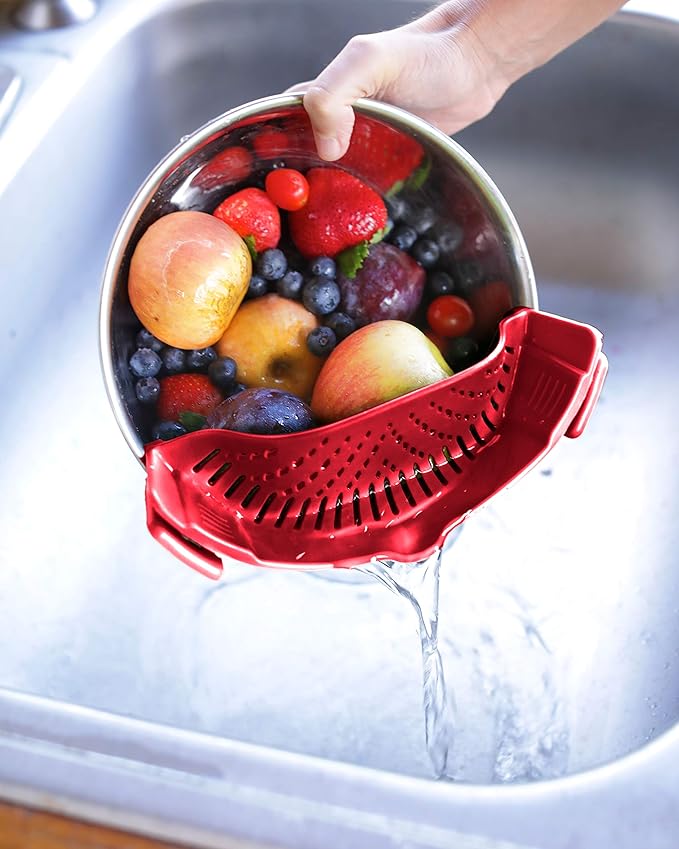 Clip On Kitchen Food Strainer for Spaghetti, Meat, Pasta, & Ground Beef Grease, Colander & Sieve Snaps or Clips Onto Bowls, Pots & Pans Includes Silicone Drainer, Brush & Garlic Peeler (Dk Red)