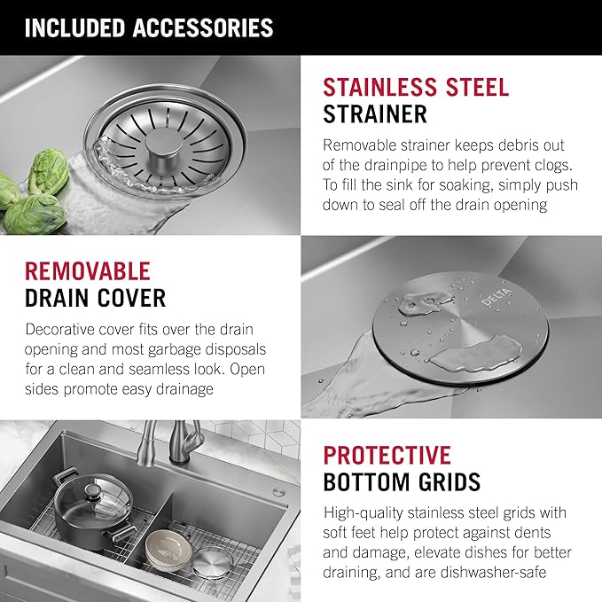 DELTA FAUCET 95A9032-T33D-SS Lorelai Workstation Kitchen Sink Drop-In Top Mount 16 Gauge Stainless Steel Double Bowl with WorkFlow Ledge and Chef’s Kit of 8 Accessories, 33 Inch