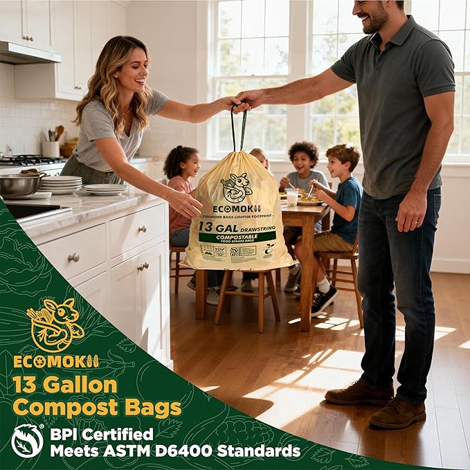 EcoMokii Compostable Trash Bags with Drawstring 13 Gallon, 60 Count, 49.2 Liter, 1.2 Mil Heavy Duty Extra Thick for Tall Kitchen Garbage Can, Compost Food Waste Bag, BPI (ASTM D6400)