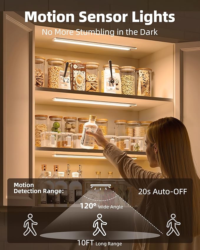 EZVALO Under Cabinet Lights,14.5'' Motion Sensor Light Indoor Dimmable, 4000mAh Rechargeable Closet Lights 3500K with Remote Control, Wireless Under Counter Light for Kitchen,Cabinet (Warm-6Pack)