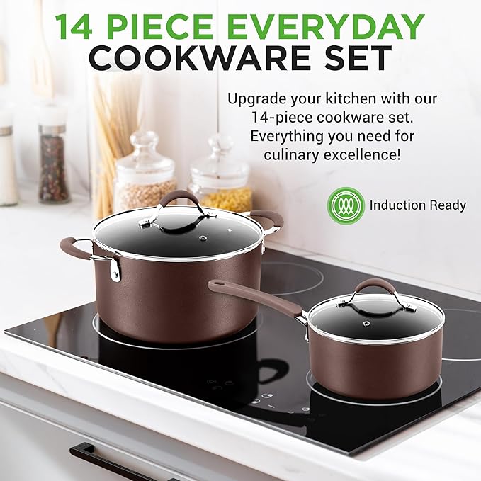 NutriChef 14-Piece Nonstick Brown Cookware Set - Scratch-Resistant Kitchen Pots and Pans with Lids & Utensils, For All Cooktops - NCCW14SBR