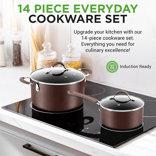 NutriChef 14-Piece Nonstick Brown Cookware Set - Scratch-Resistant Kitchen Pots and Pans with Lids & Utensils, For All Cooktops - NCCW14SBR